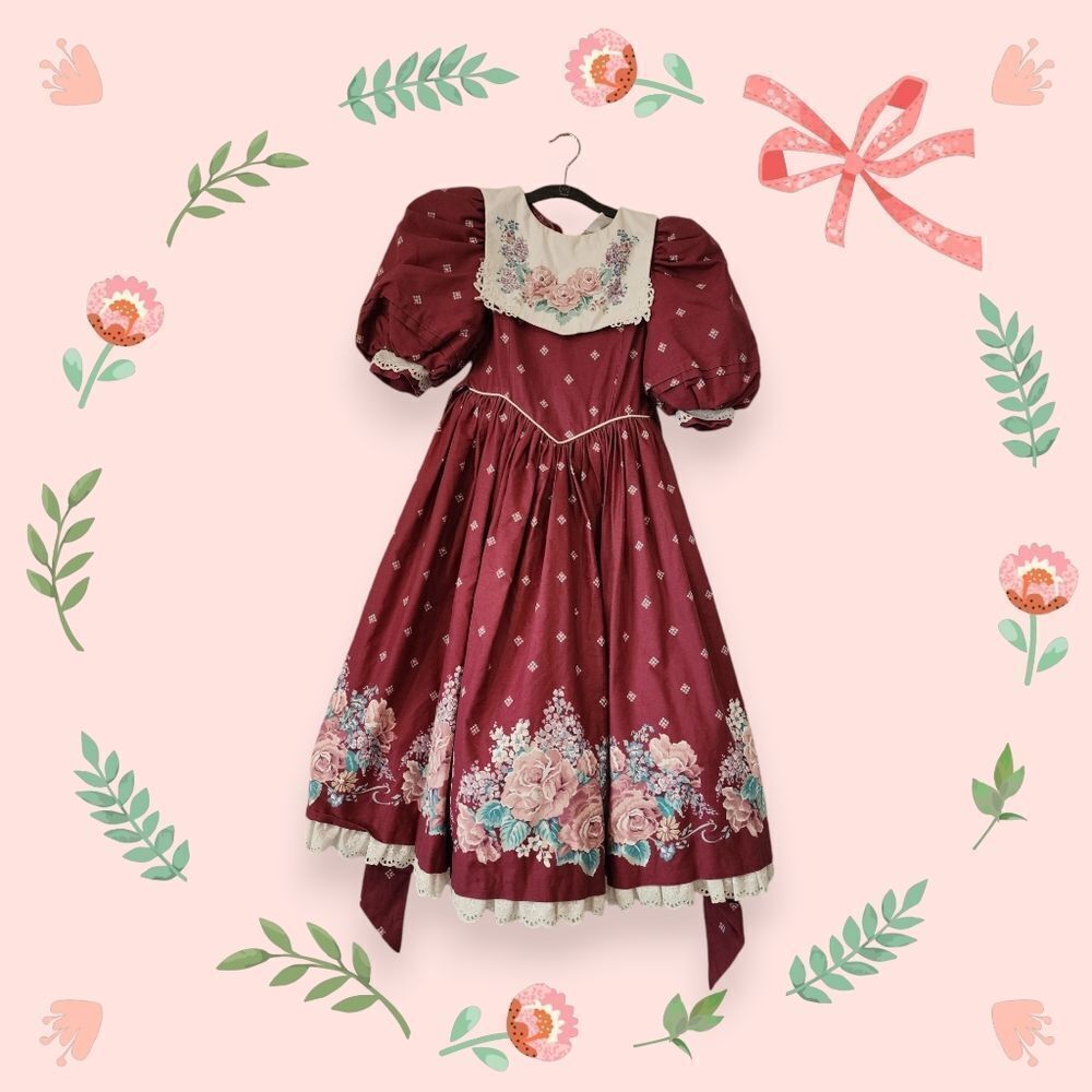Vintage Daisy Kingdom Factory Dress Roses Floral Crinoline Burgundy Size 8 - Picture 9 of 17
